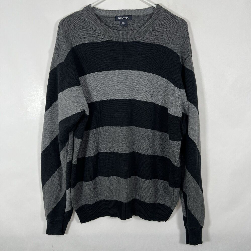 Nautica Crewneck Sweater Mens Size Large Gray Black Striped Pullover Logo